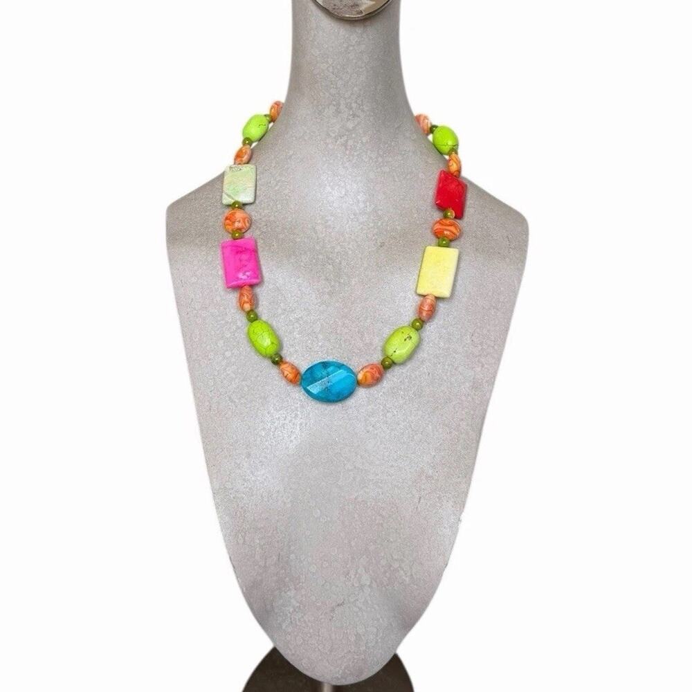 Colorful Beaded Statement Necklace Pink Blue Green Orange Boho Resort Jewelry